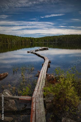 Beautiful small bridge of tree in a small lake with still water and reflection of the sky in surface