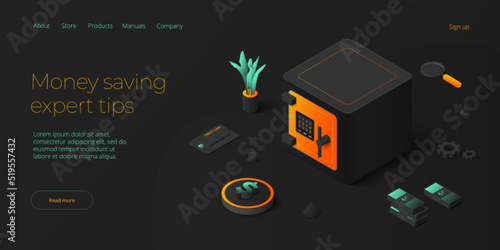 Money saving vector illustration in isometric design. Secure banking deposit concept with locked metal strongbox or vault. Web banner layout template.