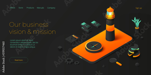 Business vision and mission vector illustration in isometric design. Strategy and corporate goal concept with lighthouse and compass on smartphone. Web banner layout.