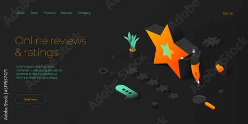 5 star positive feedback in social media. Customer survey as marketing service. Modern isometric vector illustration design. Web banner layout template for website.