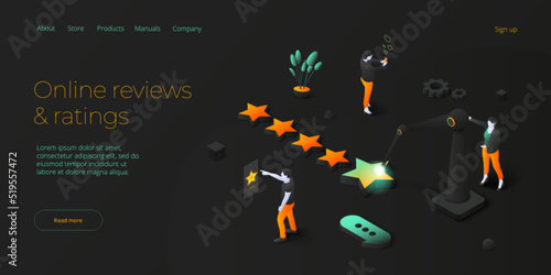 5 star positive feedback in social media. Customer survey as marketing service. Modern isometric vector illustration design. Web banner layout template for website.