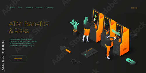 Queue near ATM machine in isometric vector design. Cash machine withdrawal or online money transfer. Internet banking smartphone pay. Website banner layout template.