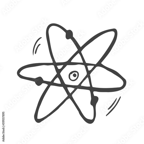 scientific atom symbol, simple icon. Hand drawn picture on paper sheet. Doodle on checkered background