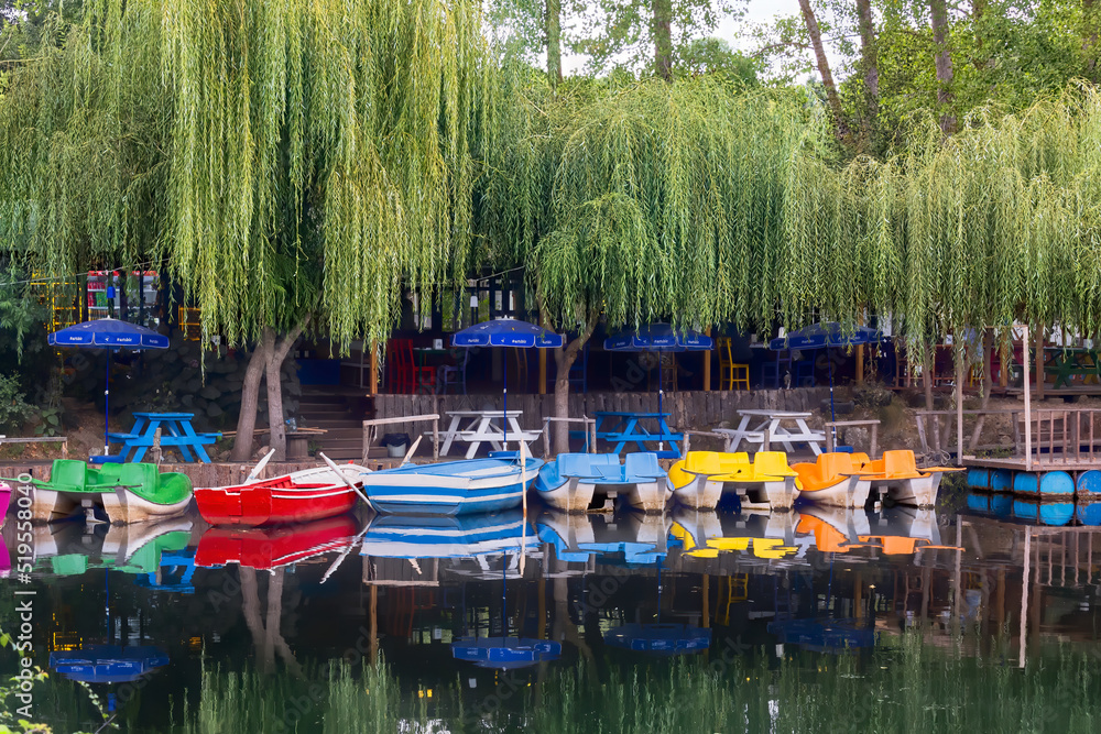 Obraz premium mall boats, paddle boats and picnic tables on the edge of the creek. Babylonian willow - Salix Babylonica trees in the background.