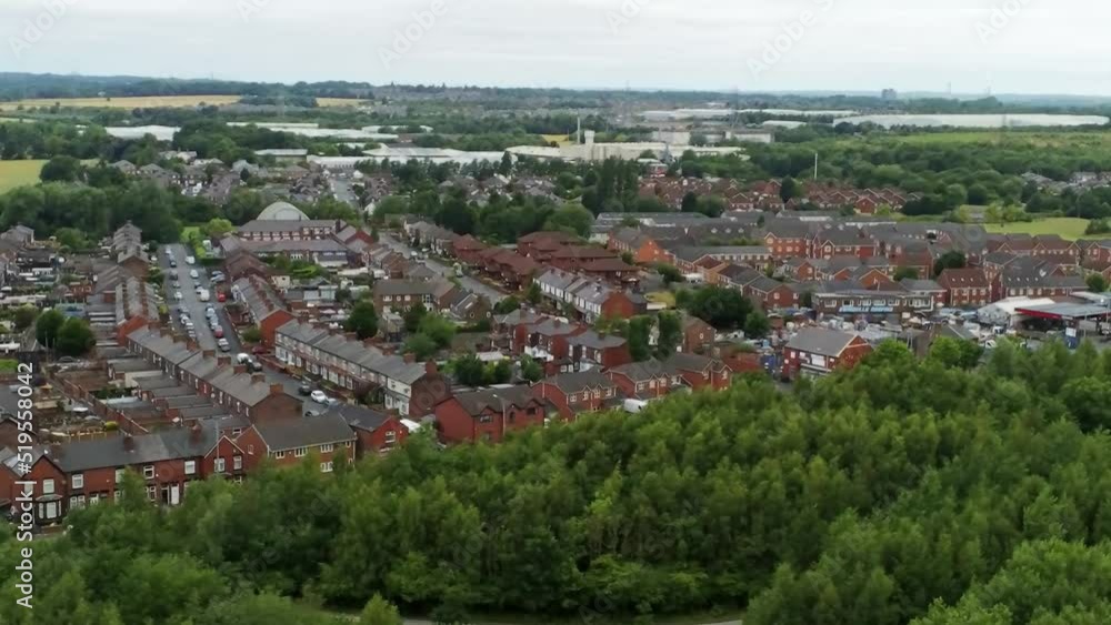 Residential homes aerial view suburban British town woodland parkland neighbourhood Residential homes aerial view suburban British town woodland parkland neighbourhood