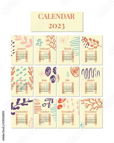 Abstract illustration with calendar 2023 with colors for concept design. Isolated vector illustration. Simple element illustration. Organizer diary. Greeting card design. Party decoration. 