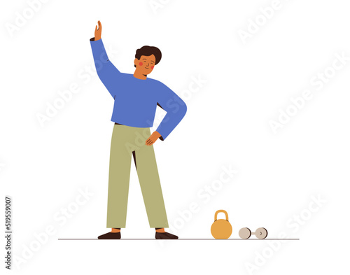 Young man doing morning exercises. Strong boy training at gym or home. Concept of physical activities and healthy sports habits. Vector illustration