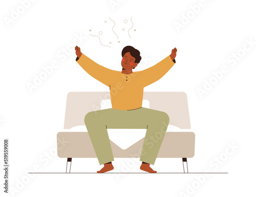 Man awake from sleep in the morning. African American boy get out of the cozy bed and stretching with good mood.Healthy lifestyle concept.  Vector illustration