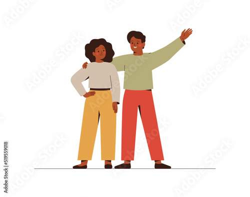 Young couple look at each other and are happy. Friends met and embrace. Man and woman stand together and talk. Vector illustration of Positive communication between people.