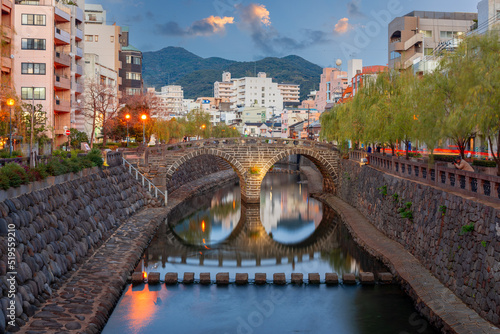 Nagasaki, Japan Cityscape and Traditional Bridge photo