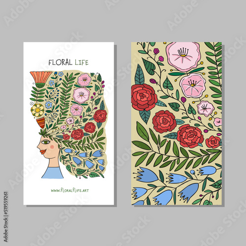 Floral female portrait, pretty woman with floral hairs, concept art for your ...