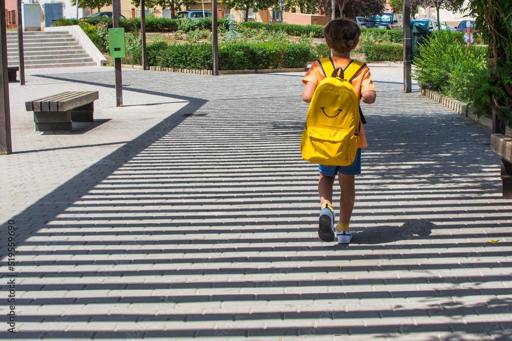 Rear view of a 7s boy with a backpack walking towards a school. A ...