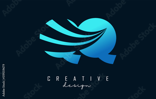 Creative blue letters QQ q logo with leading lines and road concept design. Letters with geometric design.