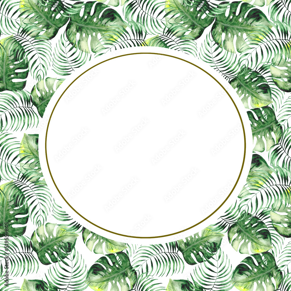 Round frame on a background of green tropical leaves with space for text. Watercolor drawing for the design of postcards and invitations. Round frame on a background of green tropical leaves with space for text. Watercolor drawing for the design of postcards and invitations.