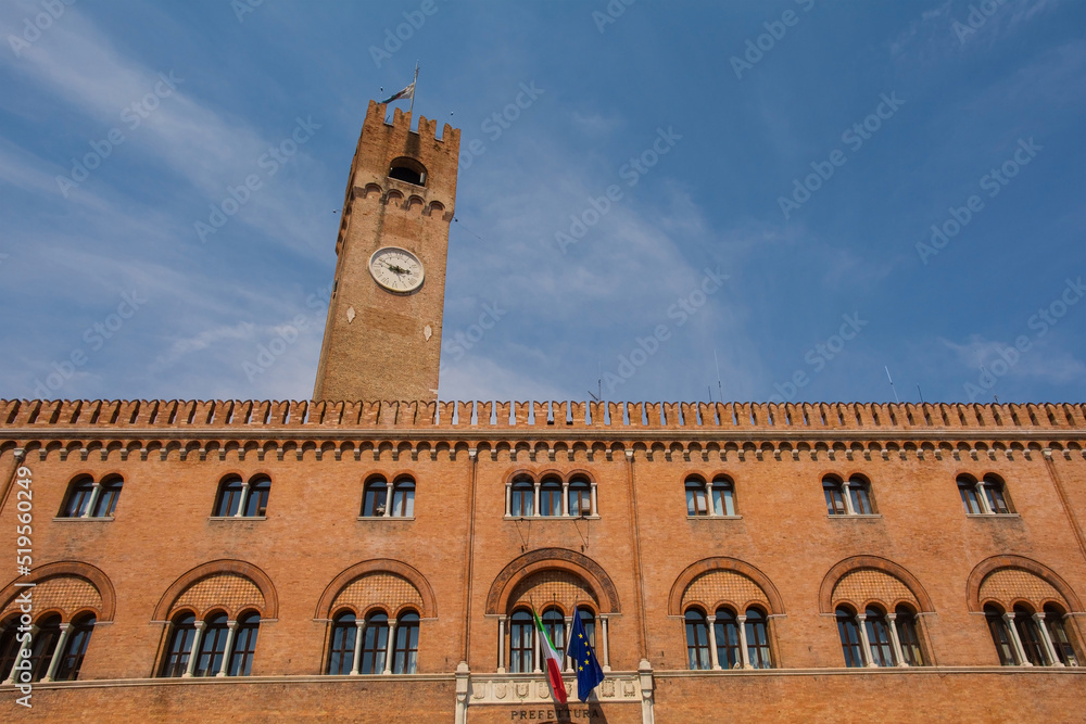 Civic Tower, Torre Civica, and the 13th century Palazzo del Podesta in Piazza dei Signori in the historic centre of Treviso, Veneto, north east Italy. It is now the seat of the Prefecture
