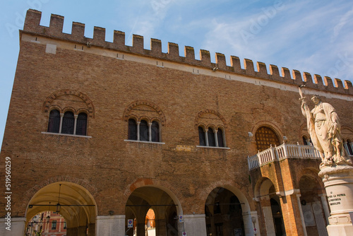 Trecento Palace, Palazzo dei Trecento, and the Teresona Statue, an independance monument. In Piazza dei Signori in the historic centre of Treviso, Veneto, north east Italy
