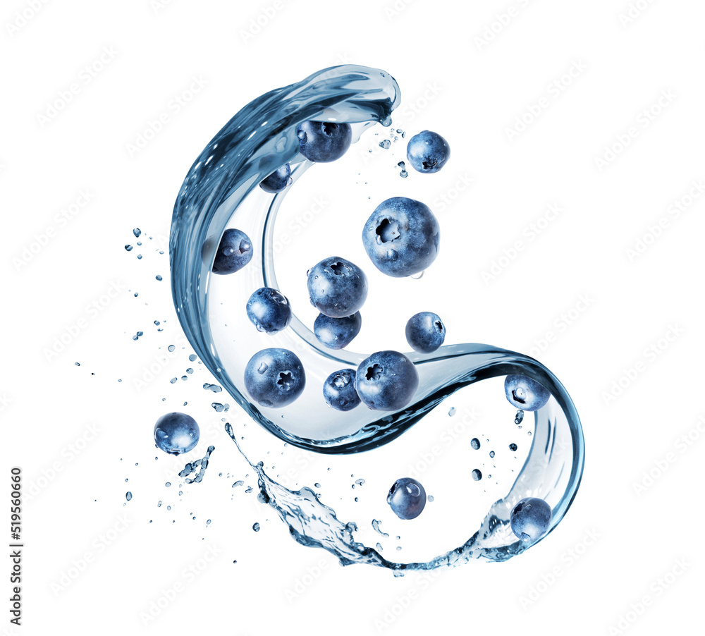 Blueberries in splashes of water on a white background Blueberries in splashes of water on a white background