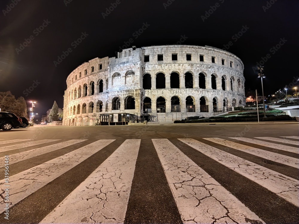 Croatia. Pula. Ruins of the best preserved Roman amphitheatre built in the first century AD during the reign of the Emperor Vespasian shot at night