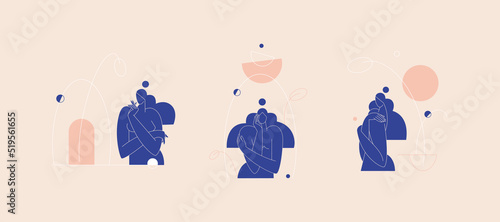 Contemporary woman silhouette vector illustration set. Nude female body, blue colored feminine figure with geometric shape abstract composition. Beauty, body care concept pack for branding, modern art