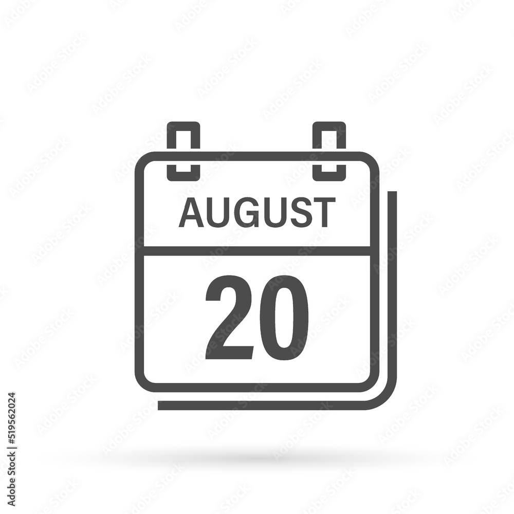 August 20, Calendar icon with shadow. Day, month. Flat vector illustration. August 20, Calendar icon with shadow. Day, month. Flat vector illustration.