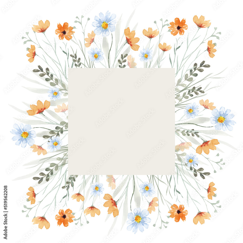 Summer frame of wildflowers and wild green plants. Delicate floral watercolor background Summer frame of wildflowers and wild green plants. Delicate floral watercolor background