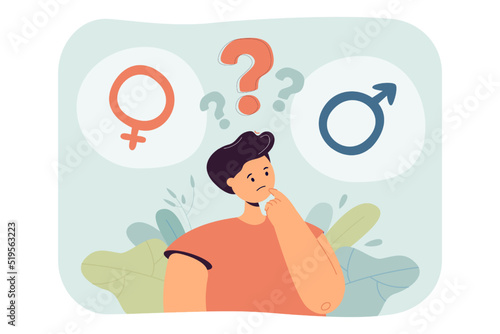 Pensive man with male and female symbols in thought bubbles. Guy thinking about gender roles or romantic preference flat vector illustration. Gender equality, sexuality or identity concept for banner