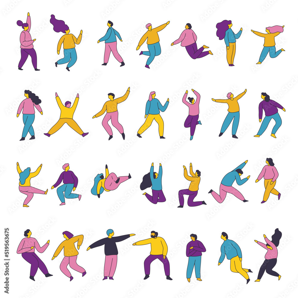 People characters in motion, dance and run vector