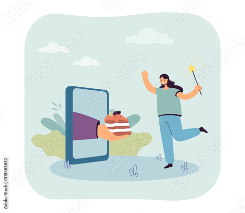 Hand coming out of phone and giving piece of cake to woman. Girl with magic wand flat vector illustration. Online shopping, internet, food delivery concept for banner, website design or landing page