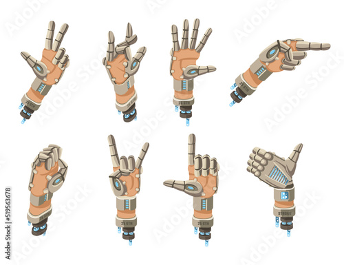Robot hands showing various gestures cartoon illustration set. Prothesis arm showing direction, thumb up, peace, high five gestures. Artificial intelligence, innovation, technology concept