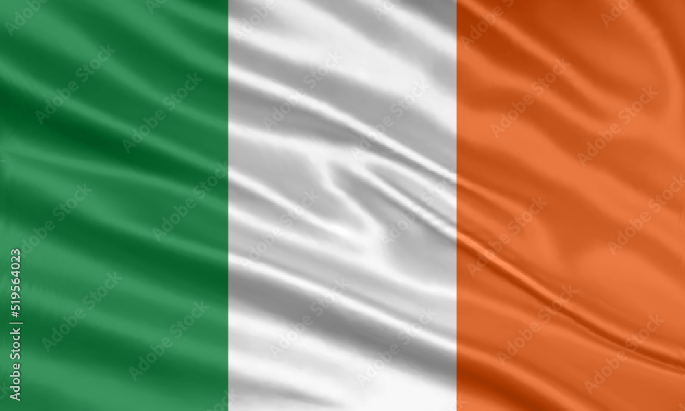 Ireland flag design. Waving Irish flag made of satin or silk fabric. Vector Illustration.