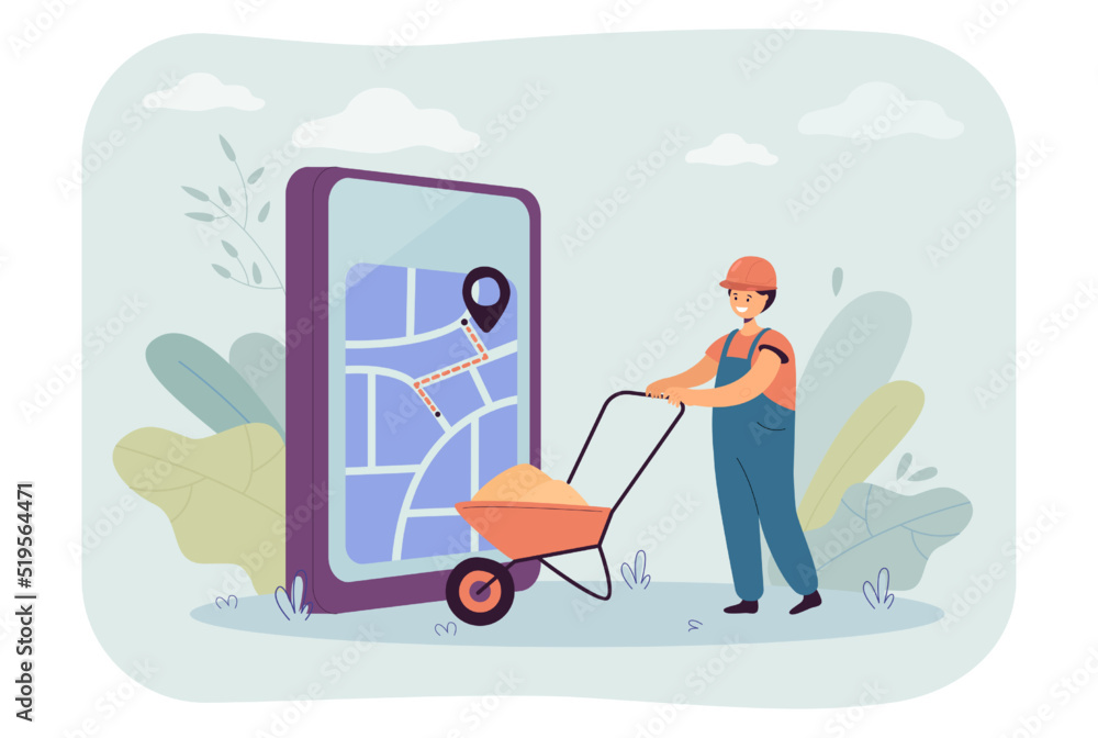 Cute boy as construction worker in front of phone with city map. Huge smartphone showing route to location flat vector illustration. Transportation, navigation, profession concept for banner Cute boy as construction worker in front of phone with city map. Huge smartphone showing route to location flat vector illustration. Transportation, navigation, profession concept for banner