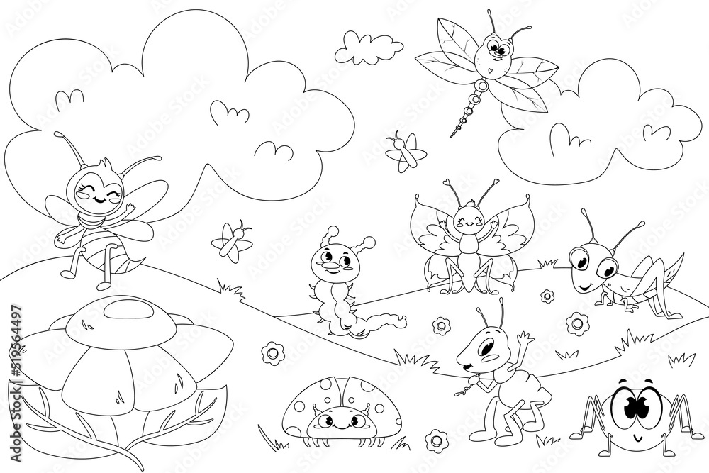 Cartoon coloring book page for kids. Black outline vector illustration for children with flowers, cute caterpillar, grasshopper, bee, butterfly and happy ladybug on white background.