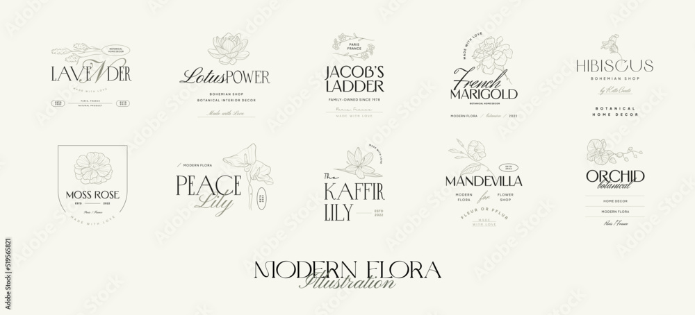 Vintage Flowers Vector Signs or Logo Templates. Retro Floral Illustration with Classy Typography. Feminine Logo. Modern Logo Template for florist, photographer, fashion blogger, design studio.