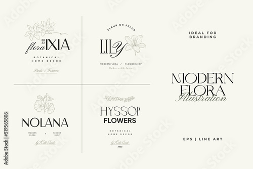 Vintage Flowers Vector Signs or Logo Templates. Retro Floral Illustration with Classy Typography. Feminine Logo. Modern Logo Template for florist  photographer  fashion blogger  design studio.