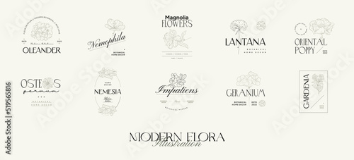 Vintage Flowers Vector Signs or Logo Templates. Retro Floral Illustration with Classy Typography. Feminine Logo. Modern Logo Template for florist, photographer, fashion blogger, design studio.