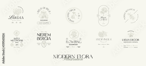 Vintage Flowers Vector Signs or Logo Templates. Retro Floral Illustration with Classy Typography. Feminine Logo. Modern Logo Template for florist, photographer, fashion blogger, design studio.