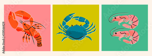 Set of hand drawn Lobster, Shrimps, Crab. Seafood shop logo, signboard, restaurant menu, fish market, banner, poster design templates. Fresh shellfish products. Trendy Vector illustration. Flat design