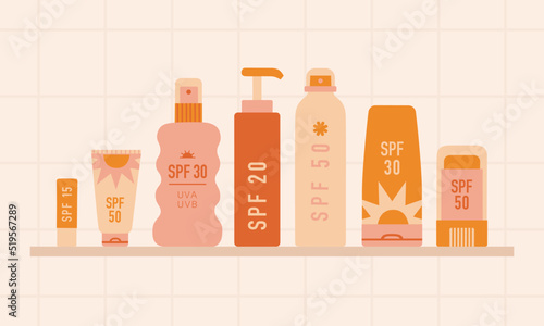 Sunscreen cosmetics one a shelf. Skin care. 