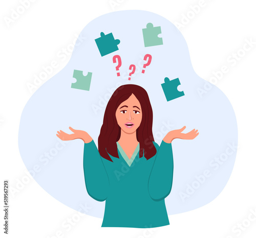 Surprised young girl spreads her hands. She has question marks and pieces of a disassembled puzzle hanging over her head. Vector illustration in flat style 