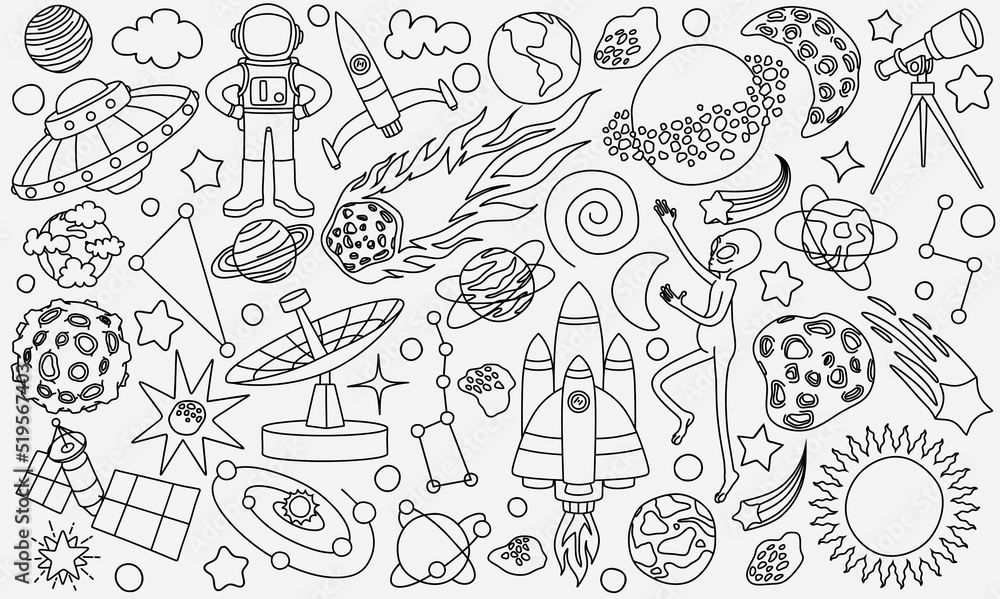 hand drawn doodles cartoon set of Space objects