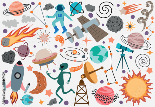 Space universe colored isolated icon set elements of outer space on white background.