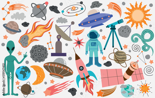 Space universe colored isolated icon set elements of outer space on white background.