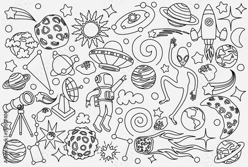 hand drawn doodles cartoon set of Space objects