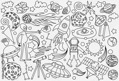 hand drawn doodles cartoon set of Space objects