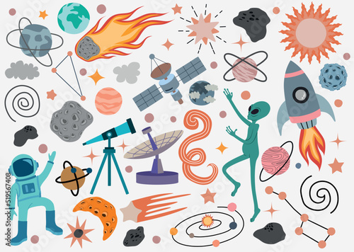 Space universe colored isolated icon set elements of outer space on white background.