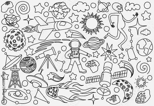 hand drawn doodles cartoon set of Space objects