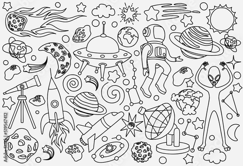 hand drawn doodles cartoon set of Space objects