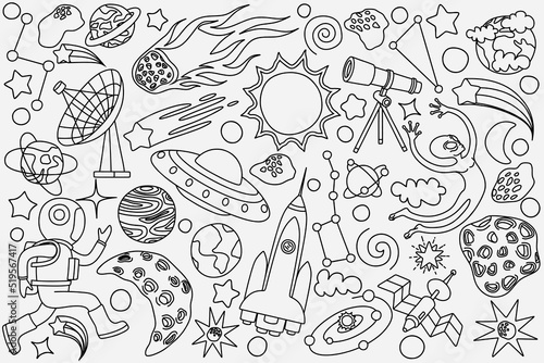 hand drawn doodles cartoon set of Space objects