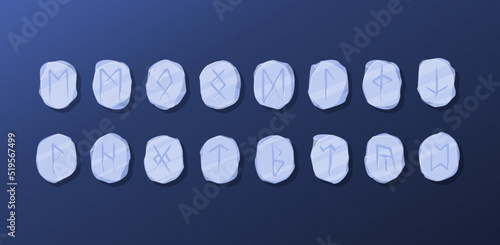 Vector stone runes set. Writing ancient Germans and Scandinavians. Mystical, esoteric, occult, magic symbols. Fortune telling, predicting the future. Isolated. Cartoon illustration