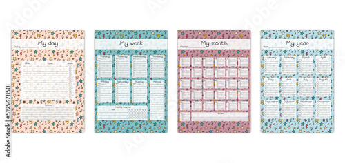Personal planners templates. Vector set of colorful printable task organizer for year, month, week and day. Blank personal planner book pages. Funny doodle design